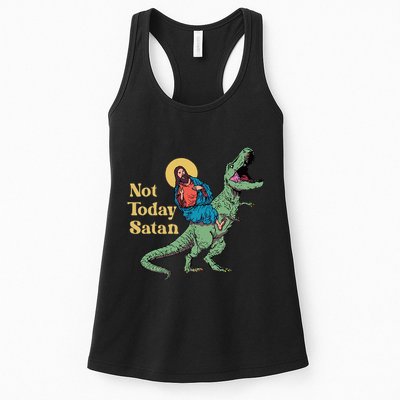 Not Today Satan Jesus Riding Dinosaur T Rex Funny Sarcastic Womens Tank Top