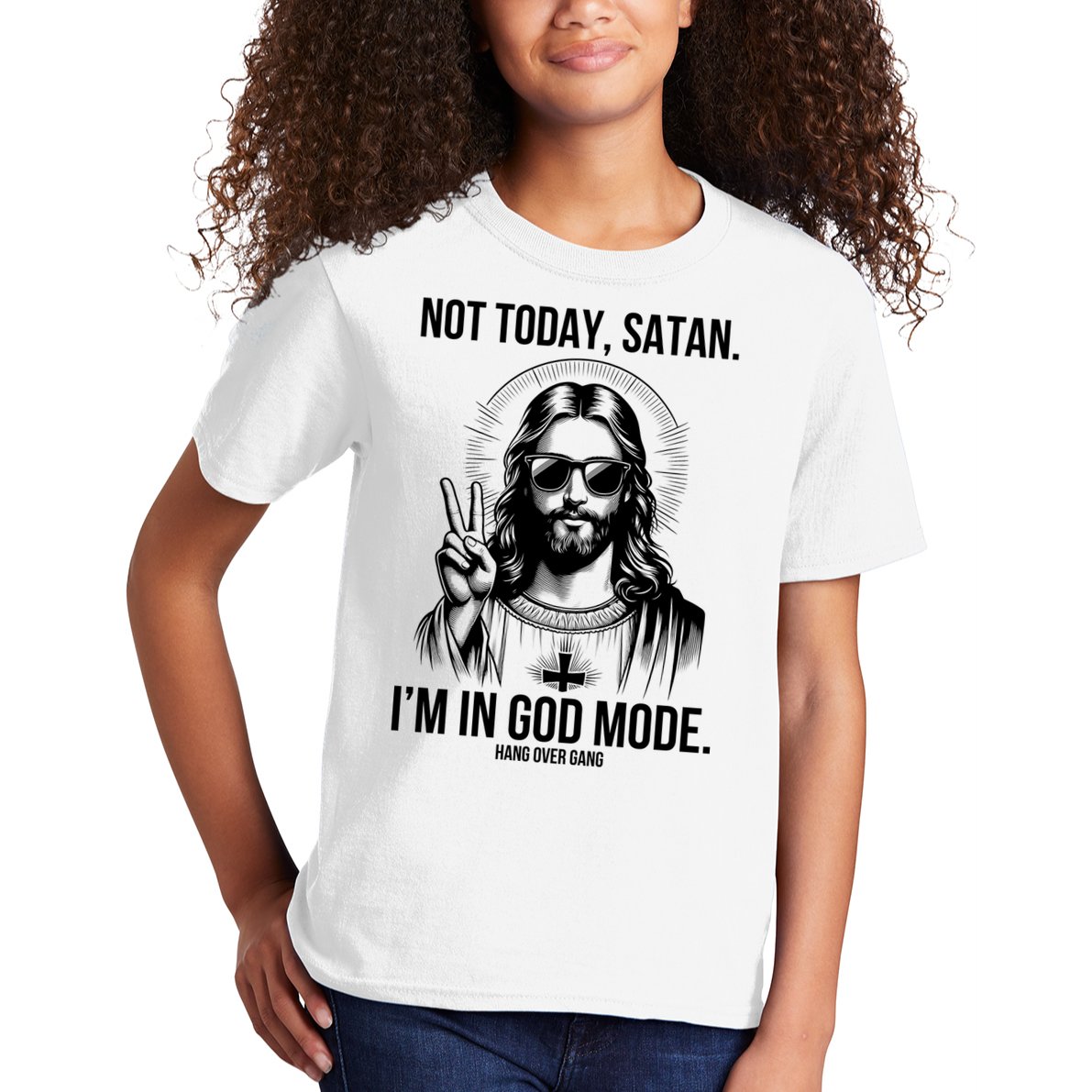 Not Today Satan I’M In God Mode Funny Jesus Meme Kids T-Shirt