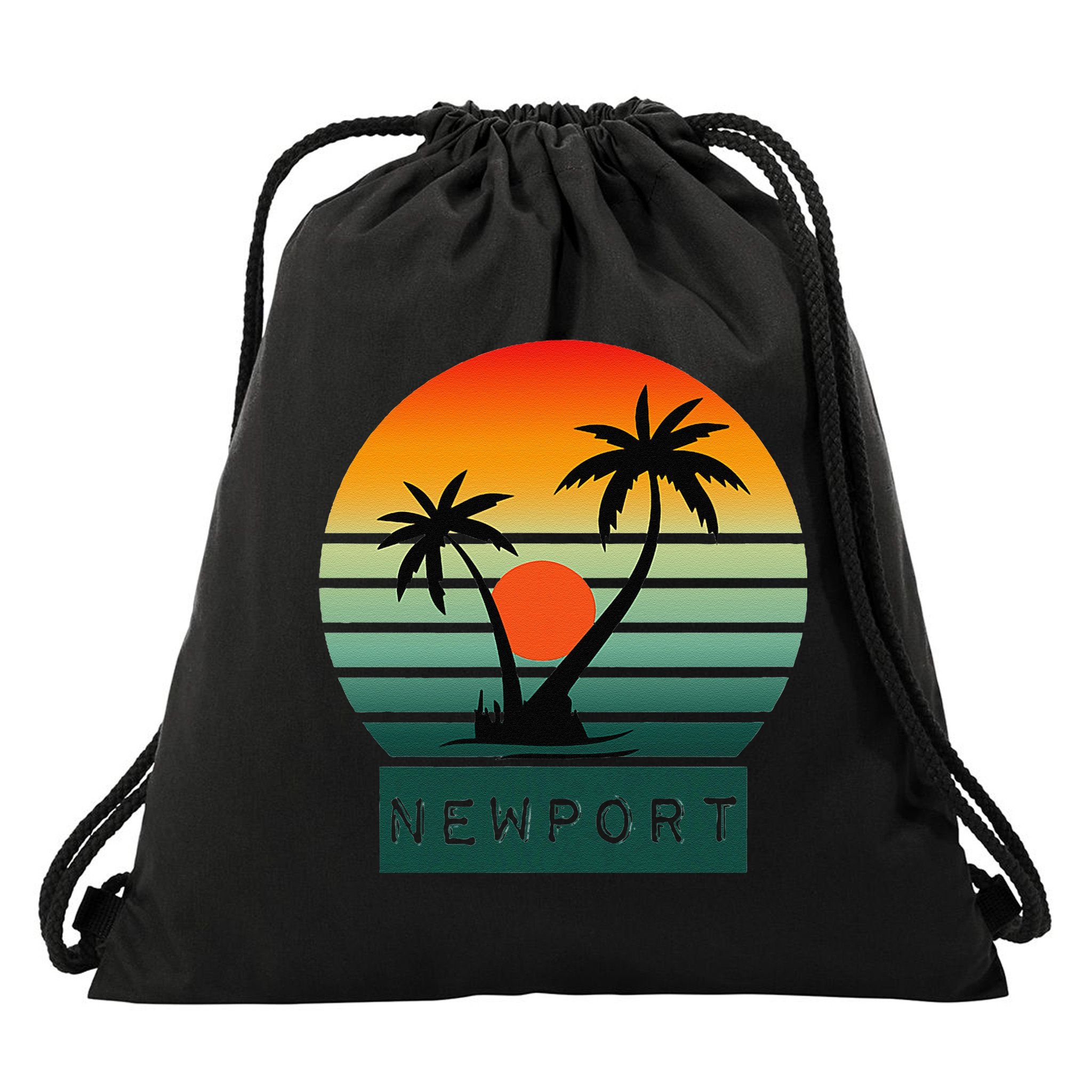 Newport Tropical Sunset Palm Trees Beach Drawstring Bag