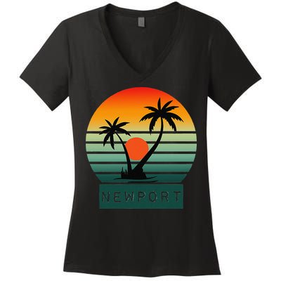 Newport Tropical Sunset Palm Trees Beach Women's V-Neck T-Shirt