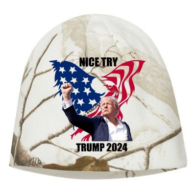 Nice Try Trump 2024 Kati - Camo Knit Beanie