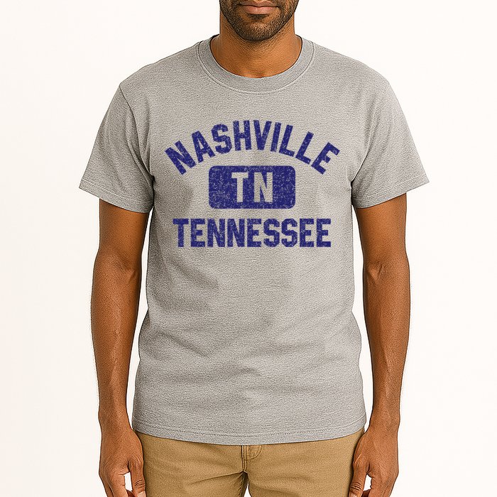 Nashville TN Tennessee Gym Style Distressed Navy Blue Print Tall T-Shirt