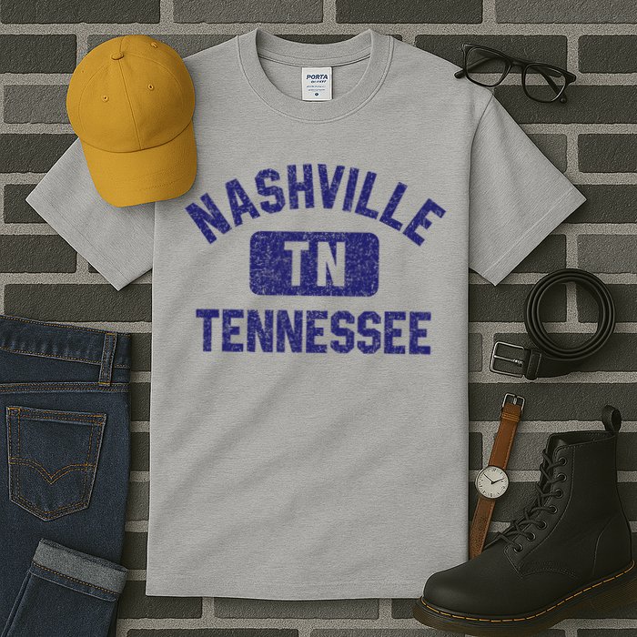 Nashville TN Tennessee Gym Style Distressed Navy Blue Print Tall T-Shirt