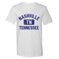 Nashville TN Tennessee Gym Style Distressed Navy Blue Print V-Neck T-Shirt