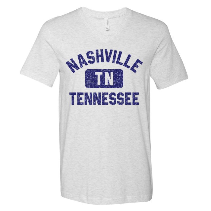 Nashville TN Tennessee Gym Style Distressed Navy Blue Print V-Neck T-Shirt