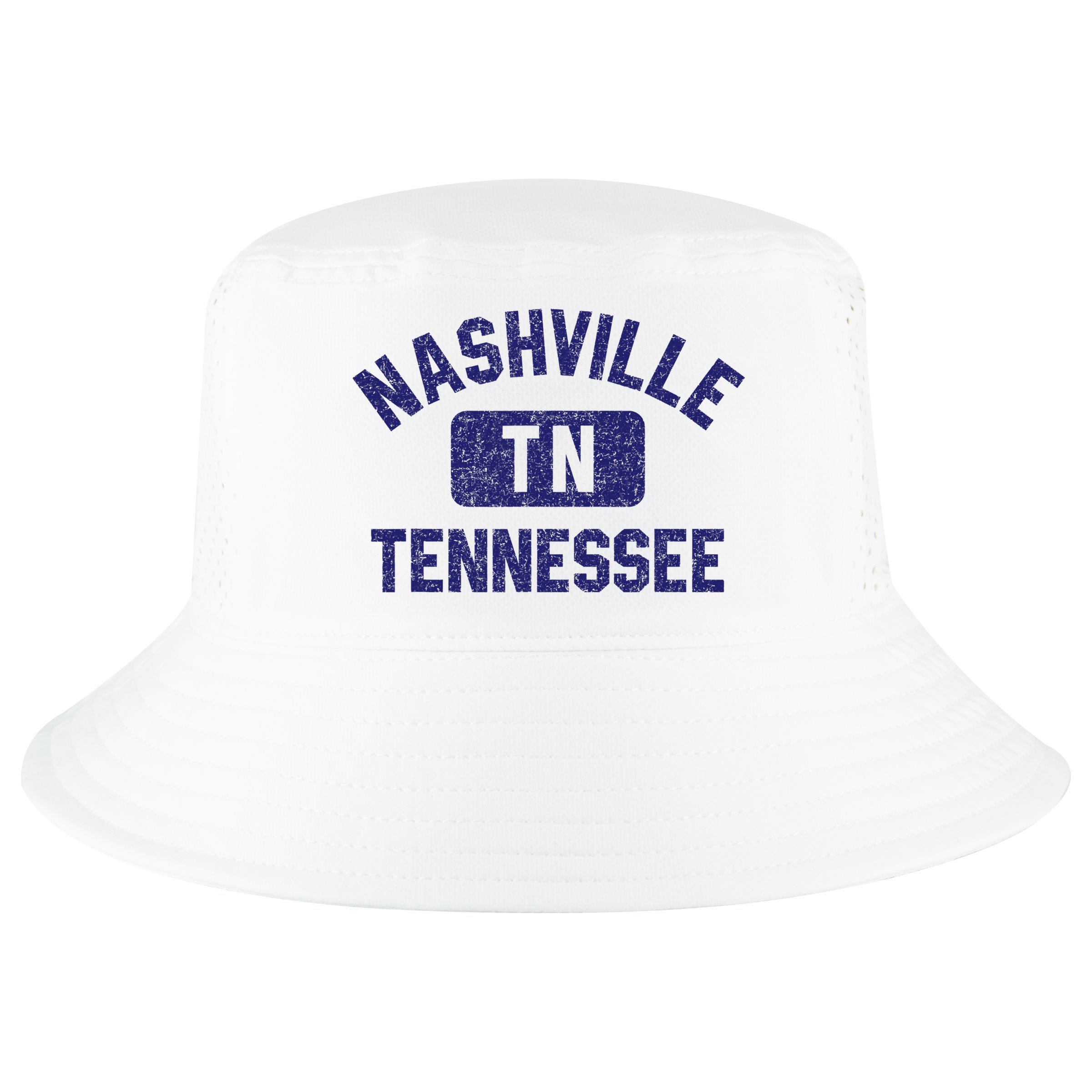 Nashville TN Tennessee Gym Style Distressed Navy Blue Print Cool Comfort Performance Bucket Hat
