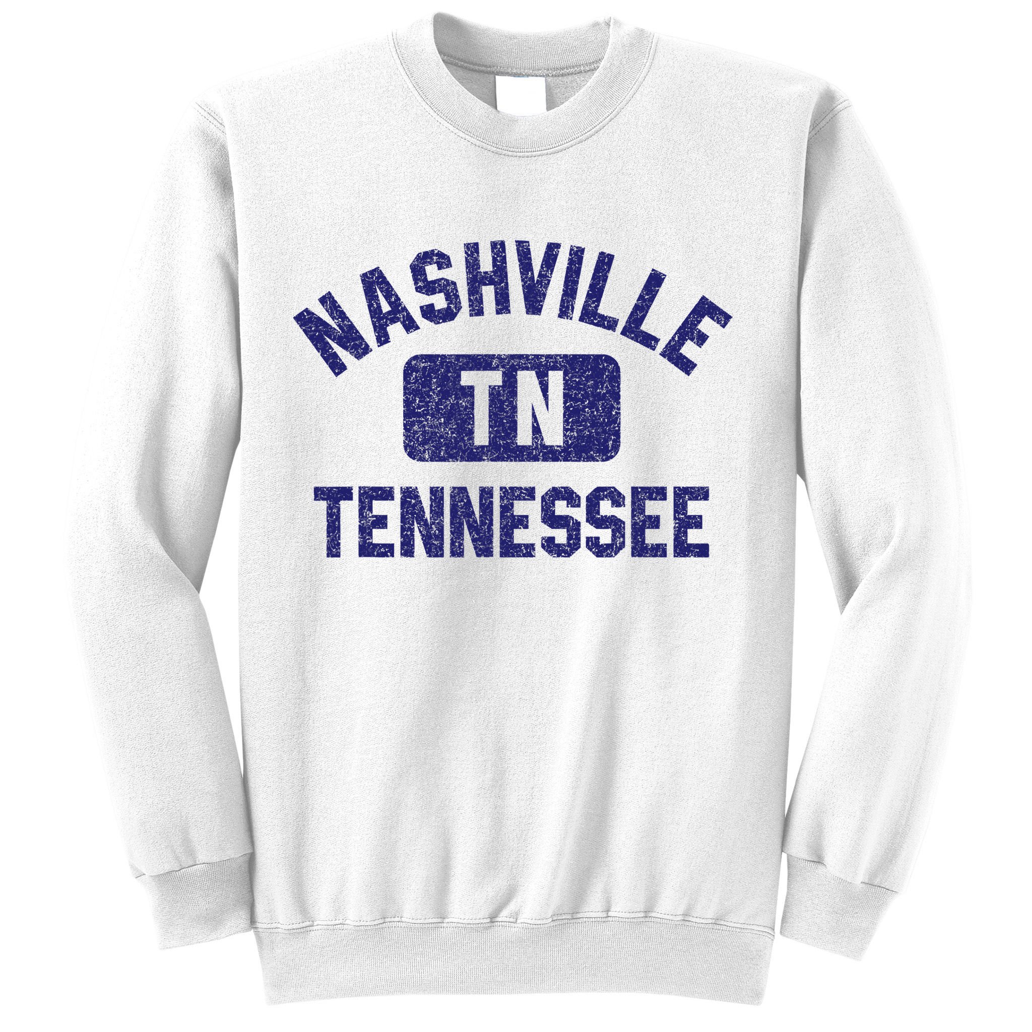 Nashville TN Tennessee Gym Style Distressed Navy Blue Print Sweatshirt