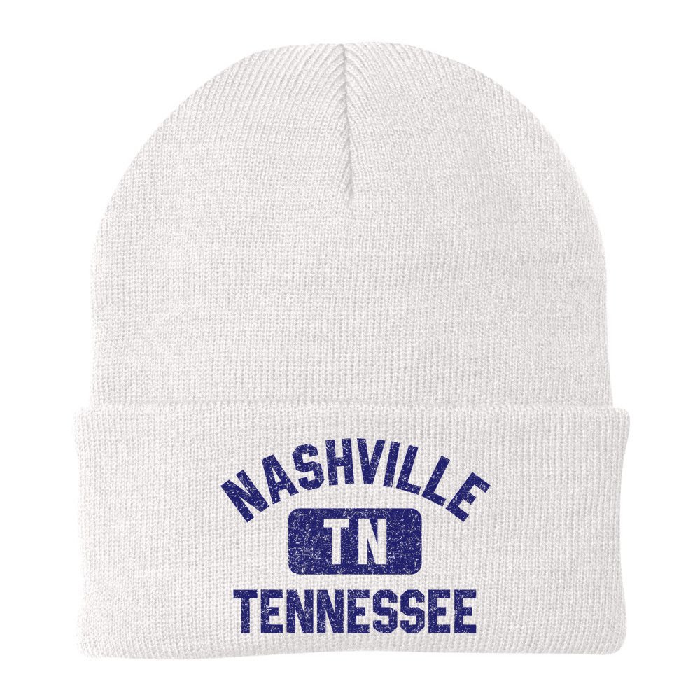 Nashville TN Tennessee Gym Style Distressed Navy Blue Print Beanie