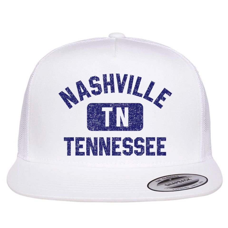 Nashville TN Tennessee Gym Style Distressed Navy Blue Print Flat Bill Trucker Hat