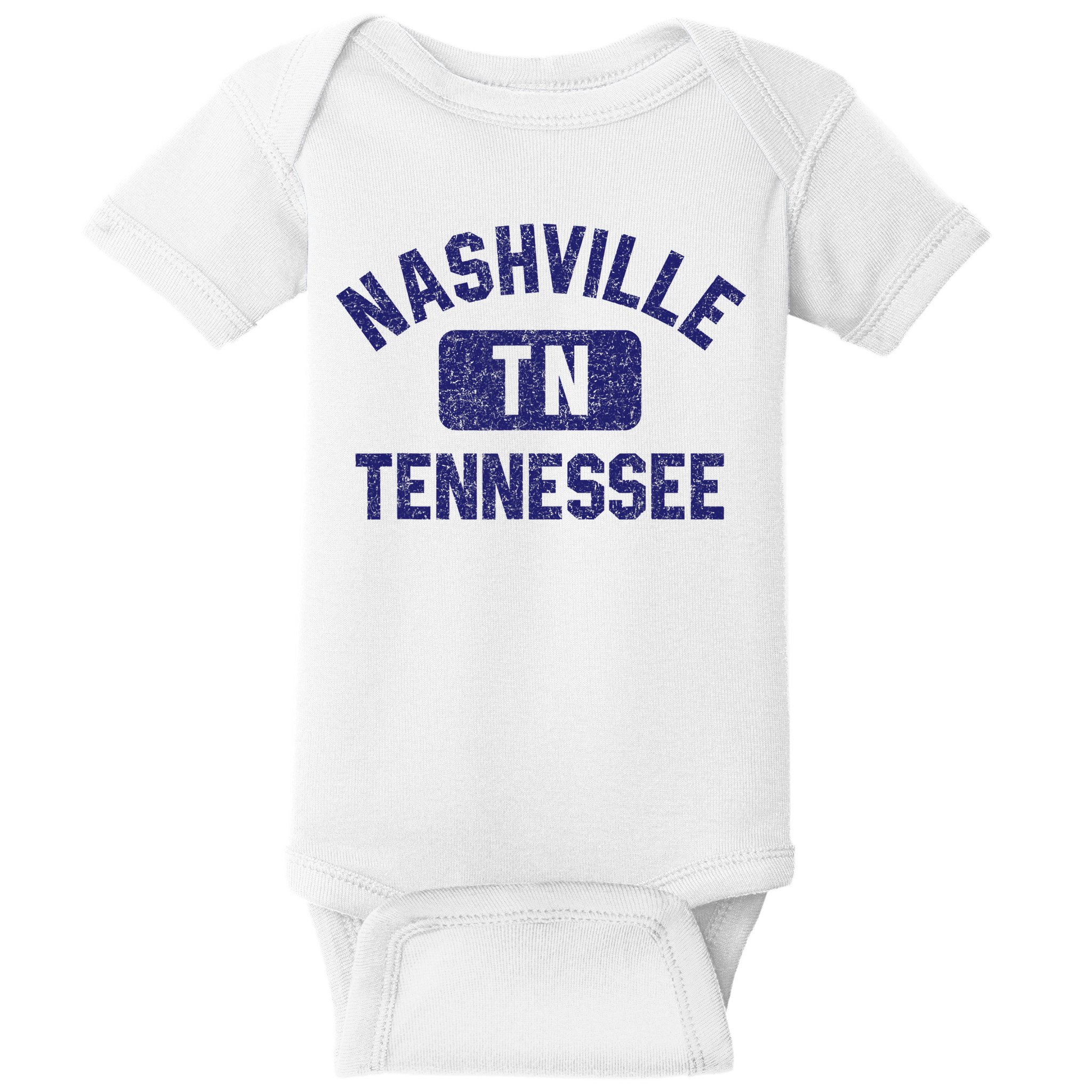 Nashville TN Tennessee Gym Style Distressed Navy Blue Print Baby Bodysuit