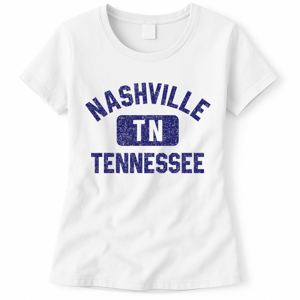Nashville TN Tennessee Gym Style Distressed Navy Blue Print Womens T-Shirt