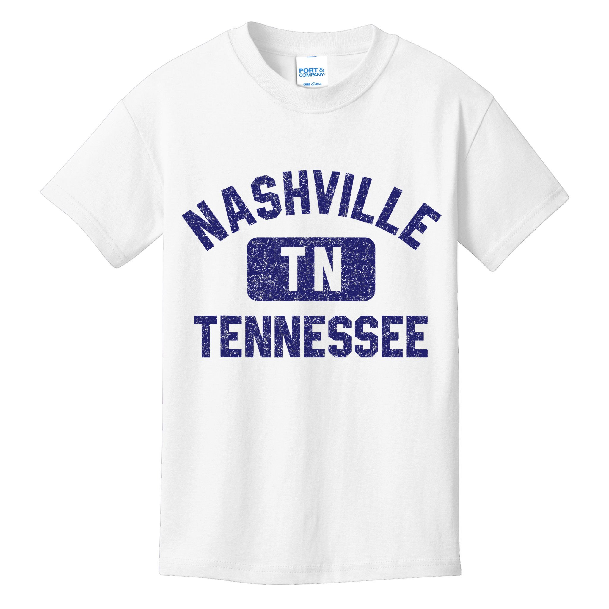 Nashville TN Tennessee Gym Style Distressed Navy Blue Print Kids T-Shirt