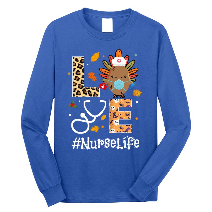 Nurse Thanksgiving Turkey Wear Mask Love Nurse Life Leopard Gift Long Sleeve Shirt