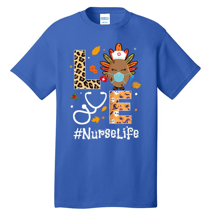 Nurse Thanksgiving Turkey Wear Mask Love Nurse Life Leopard Gift Tall T-Shirt