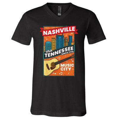 Nashville Tennessee USA Music City Guitar Musician Music V-Neck T-Shirt