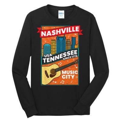 Nashville Tennessee USA Music City Guitar Musician Music Tall Long Sleeve T-Shirt