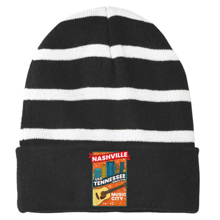 Nashville Tennessee USA Music City Guitar Musician Music Striped Beanie with Solid Band