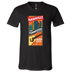 Nashville Tennessee USA Music City Guitar Musician Music V-Neck T-Shirt