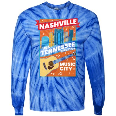 Nashville Tennessee Usa Music City Guitar Musician Music Gift Tie-Dye Long Sleeve Shirt