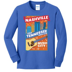 Nashville Tennessee Usa Music City Guitar Musician Music Gift Kids Long Sleeve Shirt