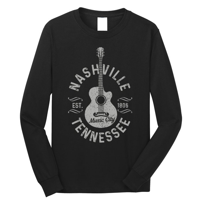 Nashville Tennessee Vintage Guitar Country Music City Gift Long Sleeve Shirt