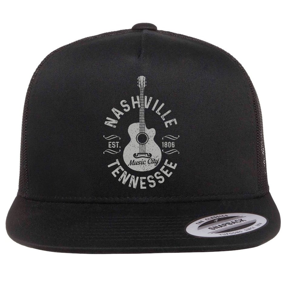 Nashville Tennessee Vintage Guitar Country Music City Gift Flat Bill Trucker Hat