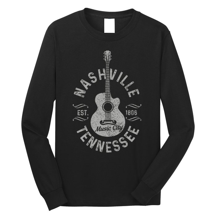 Nashville Tennessee Vintage Guitar Country Music City Long Sleeve Shirt