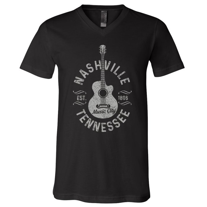 Nashville Tennessee Vintage Guitar Country Music City V-Neck T-Shirt