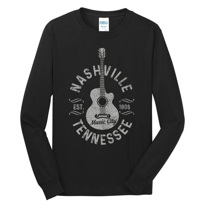 Nashville Tennessee Vintage Guitar Country Music City Tall Long Sleeve T-Shirt