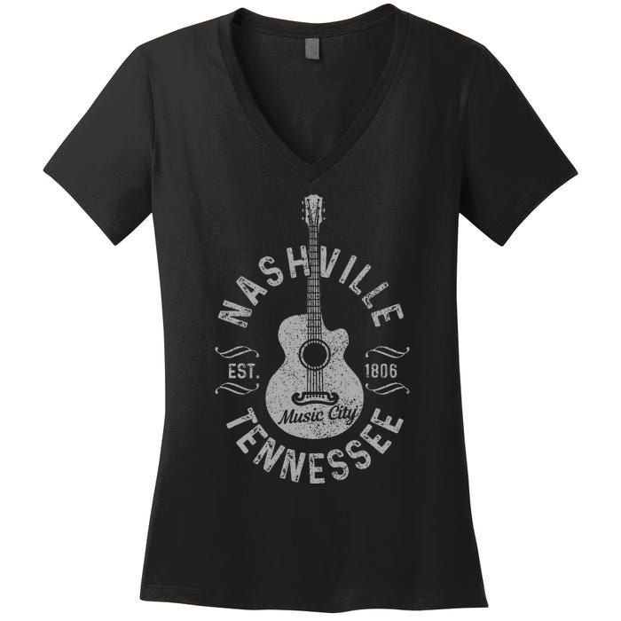 Nashville Tennessee Vintage Guitar Country Music City Women's V-Neck T-Shirt