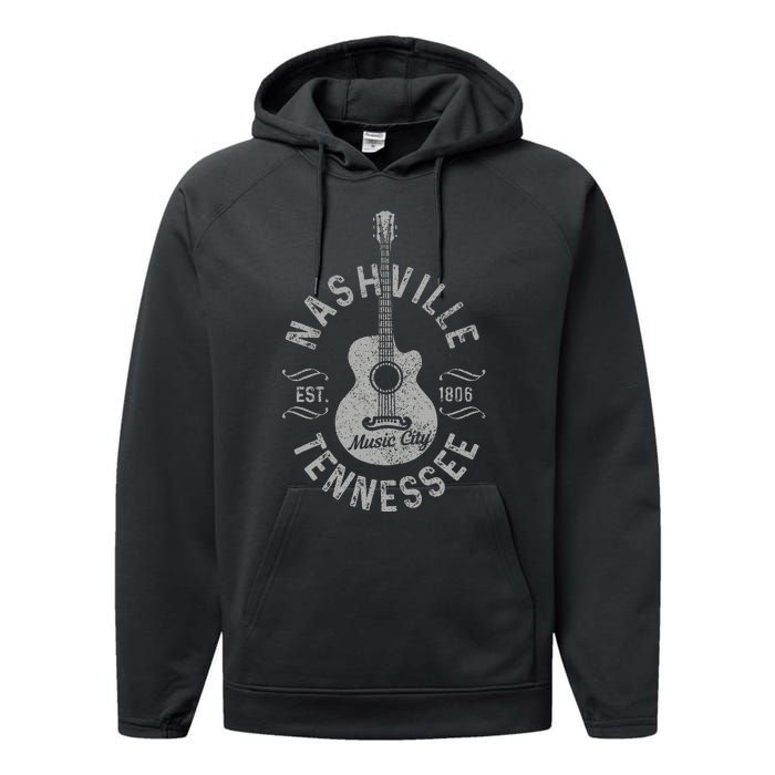 Nashville Tennessee Vintage Guitar Country Music City Gift Performance Fleece Hoodie