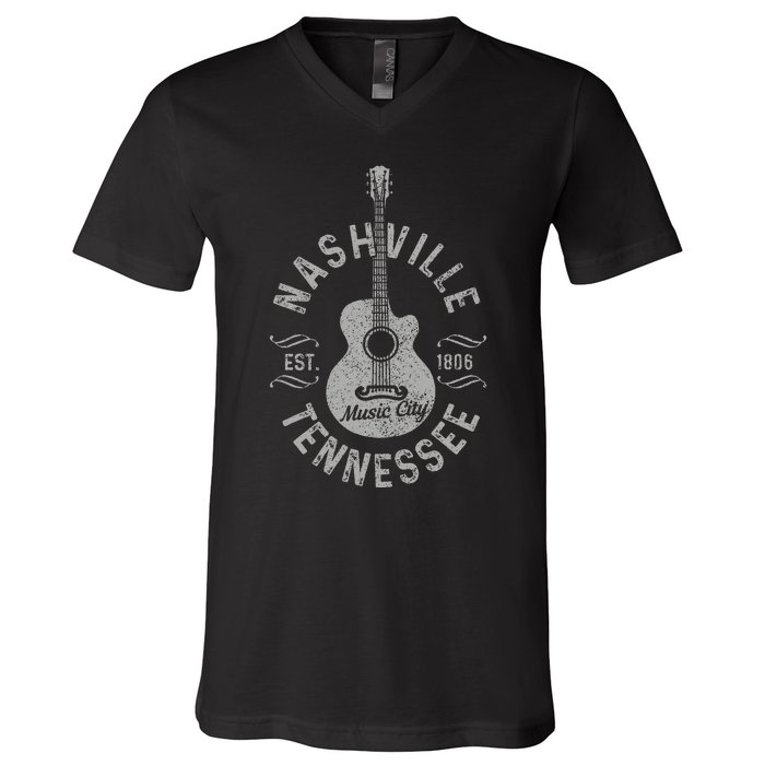 Nashville Tennessee Vintage Guitar Country Music City Gift V-Neck T-Shirt