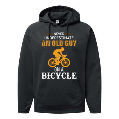 Never Underestimate An Old Guy On A Bicycle Funny Cycling Performance Fleece Hoodie