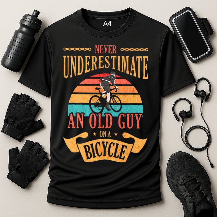 Never Underestimate An Old Guy On A Bicycle Cycling Cooling Performance Crew T-Shirt