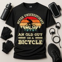 Never Underestimate An Old Guy On A Bicycle Funny Cycling Cooling Performance Crew T-Shirt