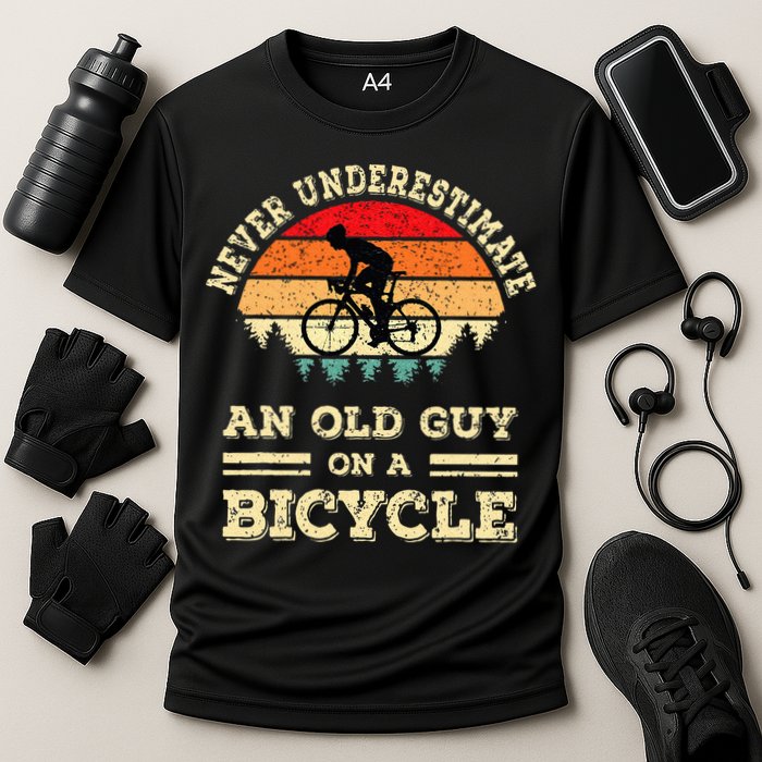 Never Underestimate An Old Guy On A Bicycle Funny Cycling Cooling Performance Crew T-Shirt