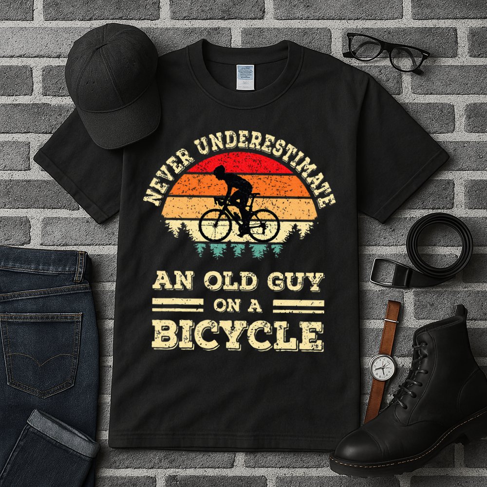 Never Underestimate An Old Guy On A Bicycle Funny Cycling Tall T-Shirt
