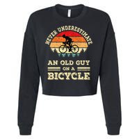 Never Underestimate An Old Guy On A Bicycle Funny Cycling Cropped Pullover Crew
