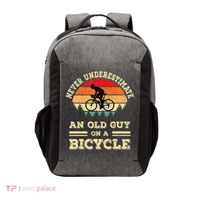 Never Underestimate An Old Guy On A Bicycle Funny Cycling Vector Backpack