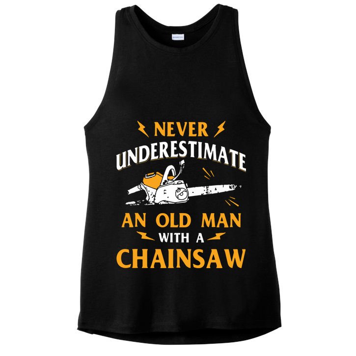 Never Underestimate An Old Man Lumberjack Chainsaw & Logger Ladies PosiCharge Tri-Blend Wicking Tank