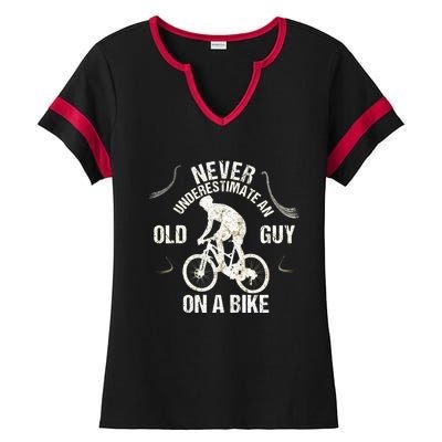 Never Underestimate An Old Guy On A Bike Ladies Halftime Notch Neck Tee