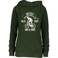 Never Underestimate An Old Guy On A Bike Womens Funnel Neck Pullover Hood