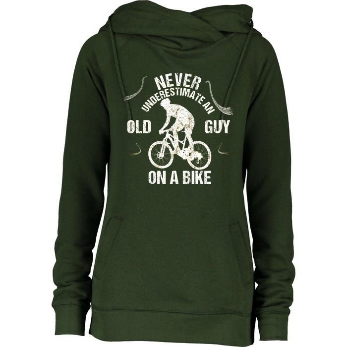 Never Underestimate An Old Guy On A Bike Womens Funnel Neck Pullover Hood