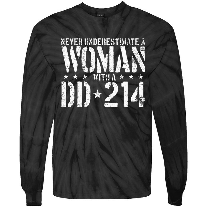 Never Underestimate A Woman With A Dd214 Alumni Tie-Dye Long Sleeve Shirt