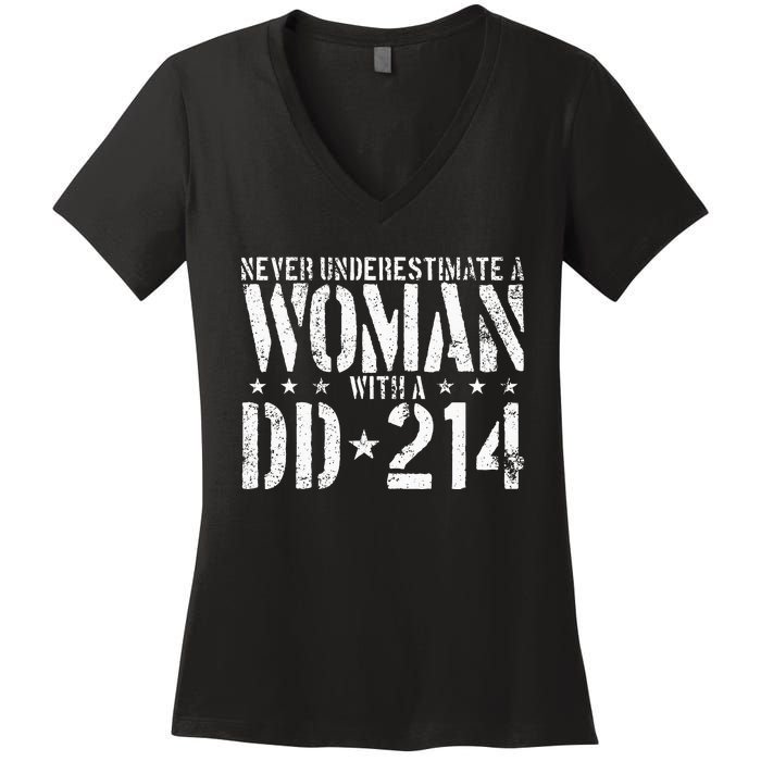 Never Underestimate A Woman With A Dd214 Alumni Women's V-Neck T-Shirt