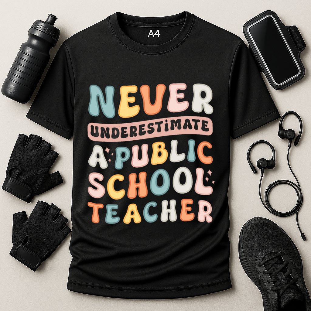 Never Underestimate A Public School Teacher Cooling Performance Crew T-Shirt