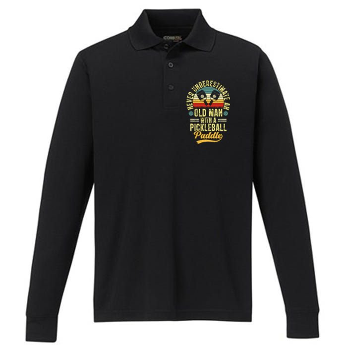 Never Underestimate An Old Man With A Pickleball Paddle Performance Long Sleeve Polo