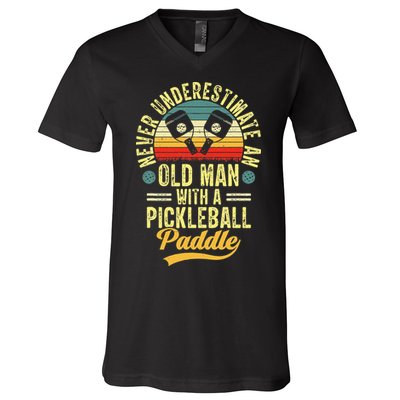 Never Underestimate An Old Man With A Pickleball Paddle V-Neck T-Shirt