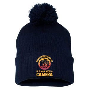 Never Underestimate An Old Man With A Camera Photography Pom Pom 12in Knit Beanie