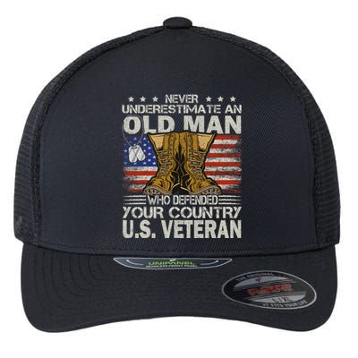 Never Underestimate An Old Man Who Defended Your Country Us Veteran Flexfit Unipanel Trucker Cap